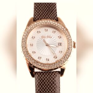Folli Follie Rose Gold Tone Crystal Accent Suede Wristwatch Brown
